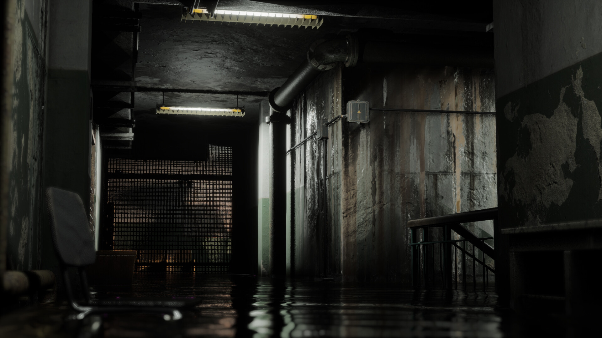 Nature of Dread screenshot of a dim, wet industrial corridor with a shuttered door and stairs.
